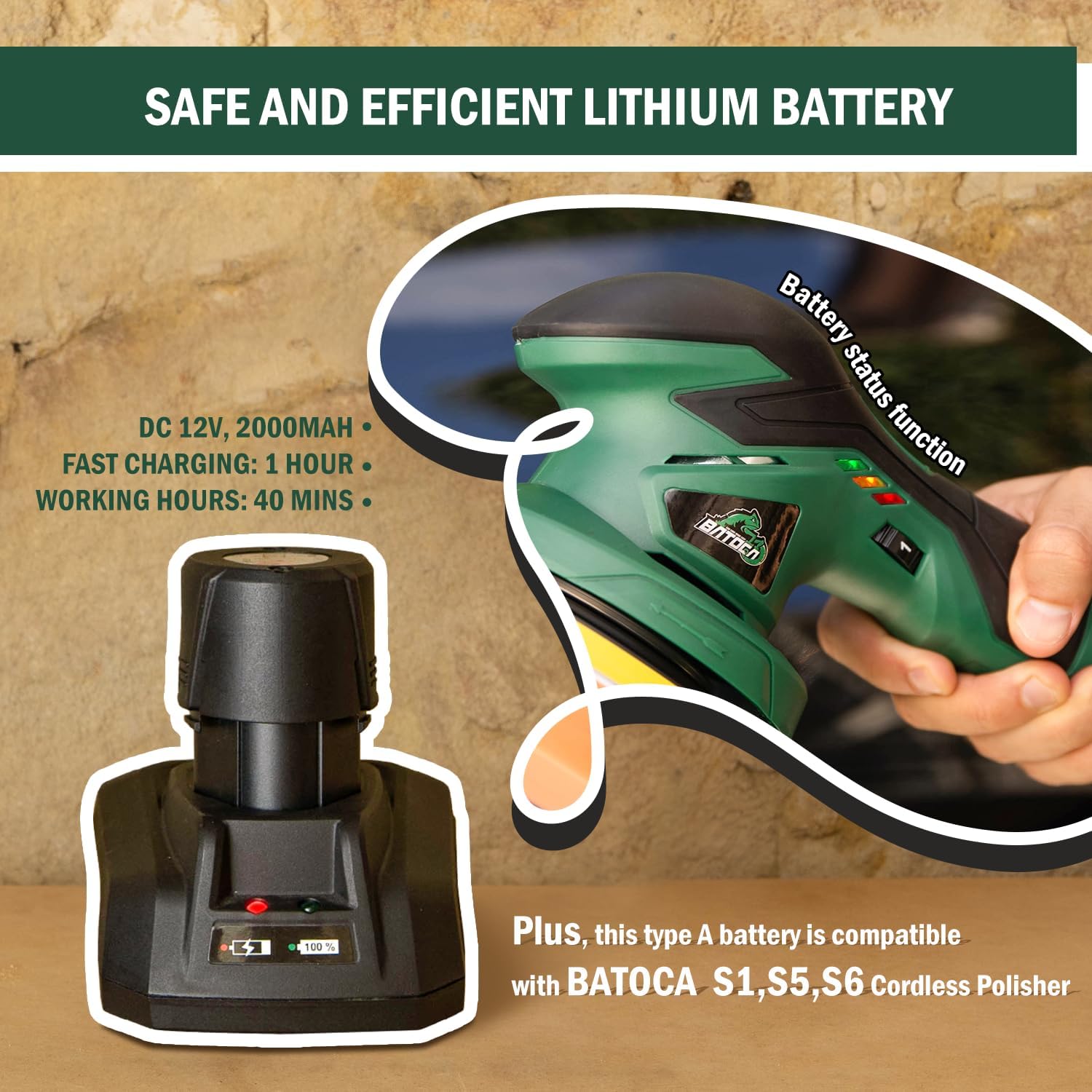 BATOCA - Cordless Car Buffer Polisher - 2pcs 2.0Ah 12V Lithium-ion Rechargeable Battery Powered Brushless Polisher with 6 Variable Speed, DA Orbital Buffer for Car Detailing, Polishing, Waxing - Image 3