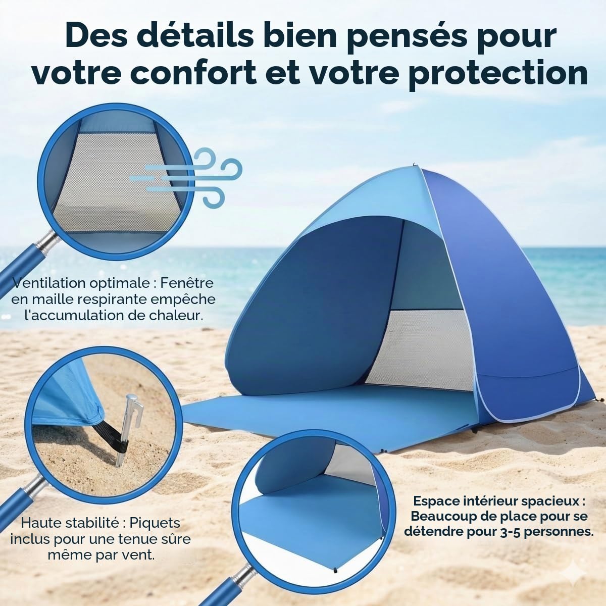 Tente de plage XXL Pop Up avec protection UV 50+, tente de plage solaire 3 à 5 personnes, grande tente de plage pop-up 200 x 165 x 130 cm