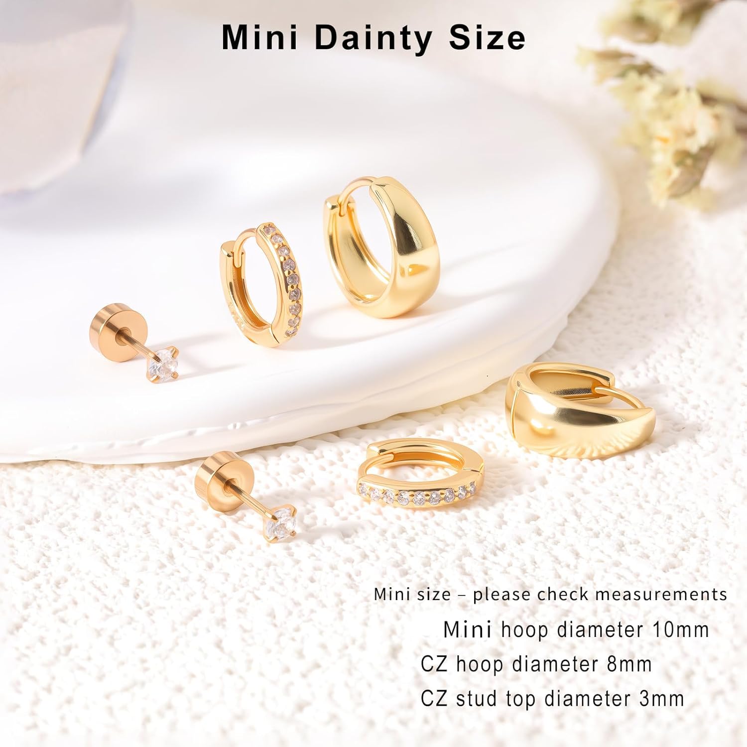 Gold Earrings for Women, Small Chunky 14K Gold Plated Hypoallergenic Huggie Hoop Earring Sets for Multiple Piercing, Lightweight Stud Earrings,Tiny Ball CZ Cartilage Earrings Stack 3Pairs - Image 4