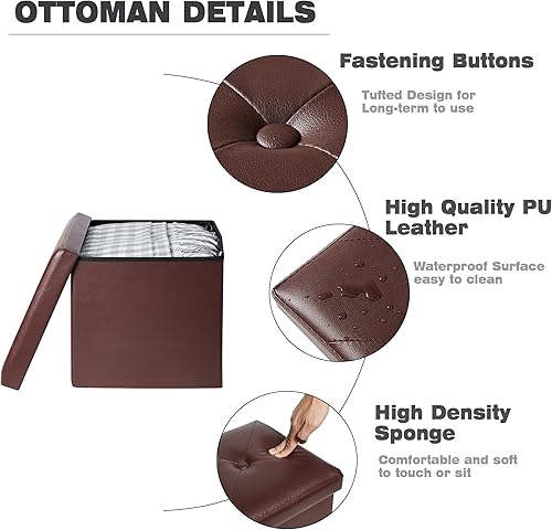 Miniatura 4 de VECELO Juego de 2 otomanas de almacenamiento, reposapiés, reposapiés, otomana plegable de 11.8 pulgadas, pequeño cubo cuadrado de almacenamiento