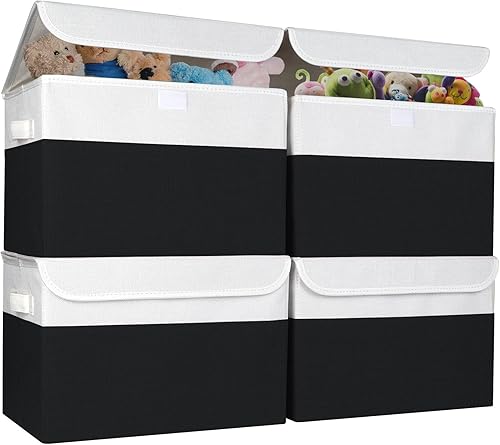 Miniatura 40 de Contenedores de Almacenamiento Plegables Apilables Grandes de 17" 42 Cuartos con Tapas [Paquete de 3] Cajas de Almacenamiento de Tela de Lino Beige