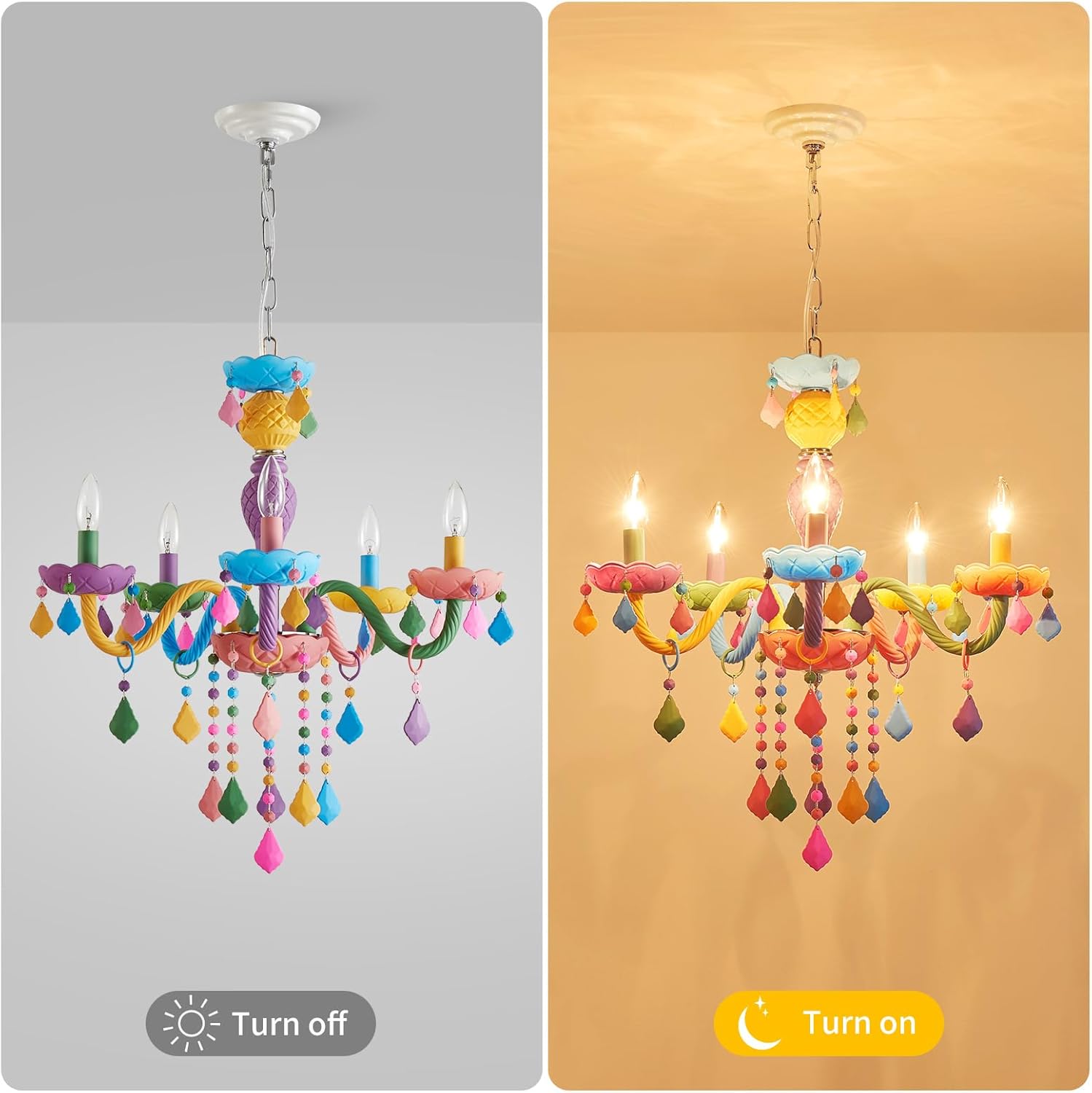 5-Lights Children Chandeliers, Modern Candy Design, Colorful Crystal Chandeliers for Bedroom, Dining Room, D22.8'' × H33.5'', Adjustable Height (33.5"~70.9"), Youth Color & Chrome Finish Frame