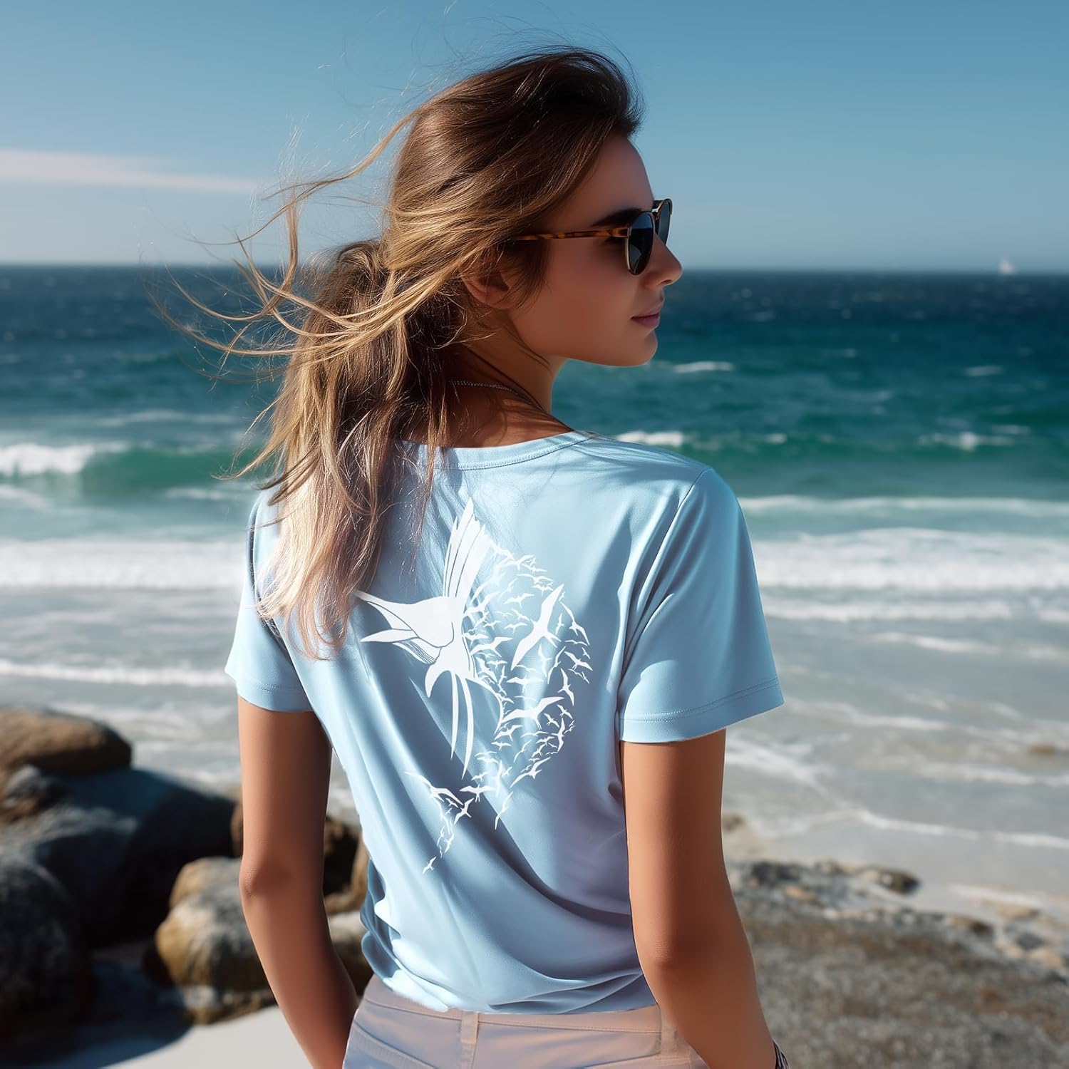 Palmyth Womens Fishing Shirt, Tie Front UPF 50+ Sun Shirts Rash Guard Crewneck Cropped Tops Fashion Unique Pattern Tee - Image 2