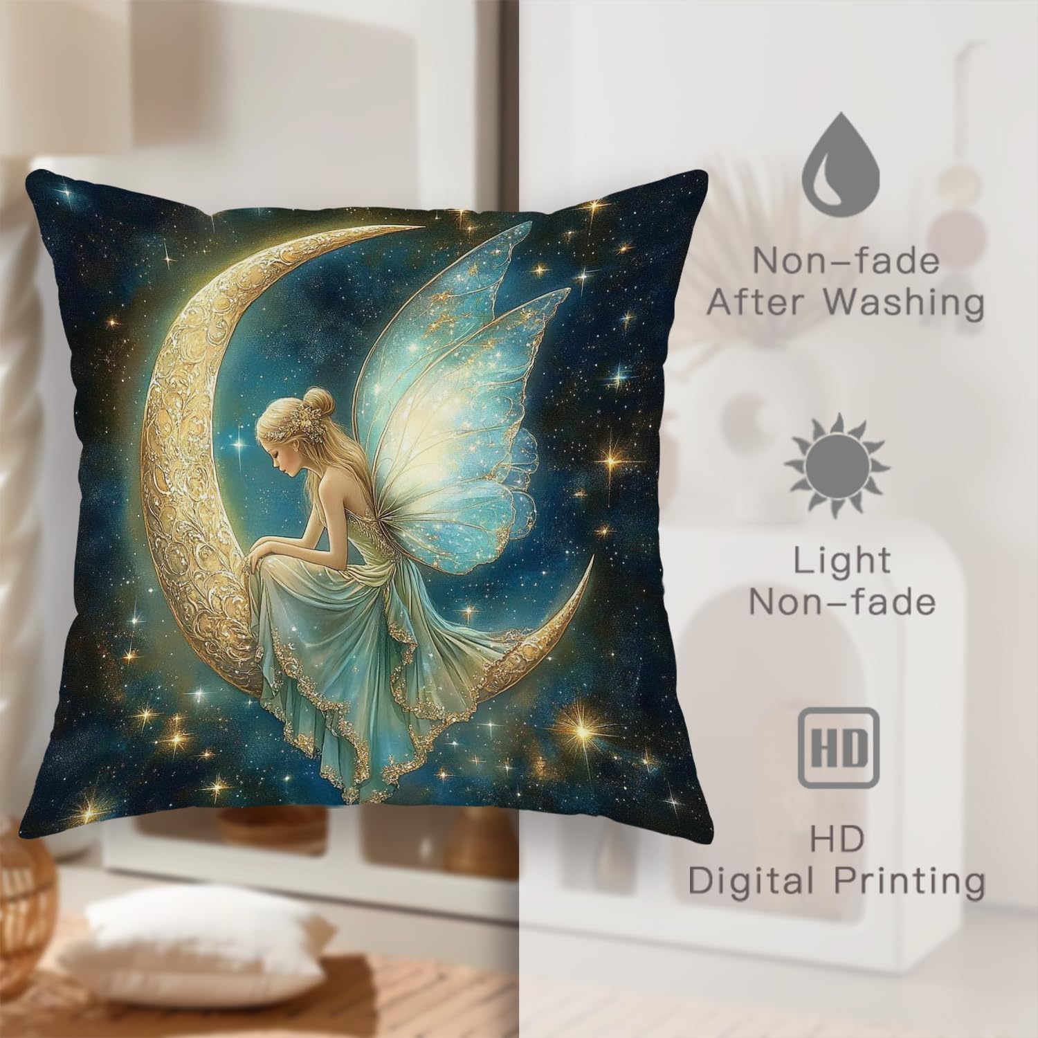 Moon Fairy Throw Pillow Covers Set of 2, Blue Gold Celestial Fairy Decorative Square Fantasy Cushion Covers for Home Sofa Bed Couch 24x24 Inch