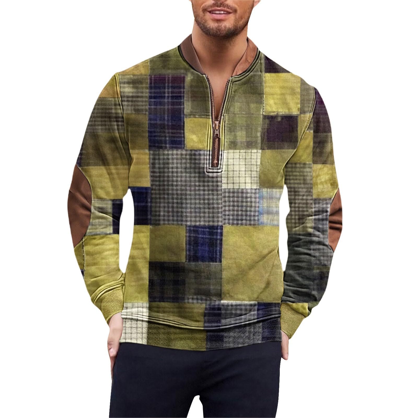 Pull à col zippé pour homme à carreaux chic avec patchs aux coudes - 6