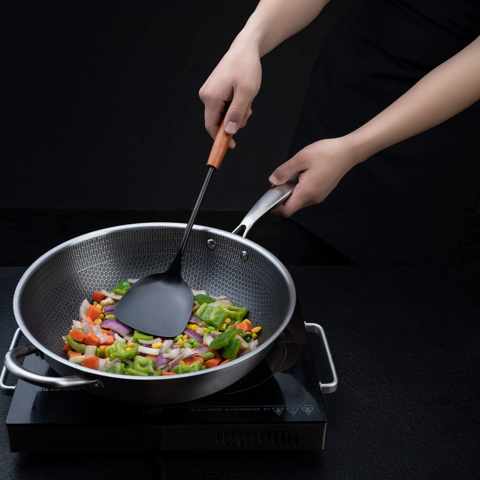 FJNATINH Espátula y cucharón de wok de 17 pulgadas, cuchara de skimmer, juego de espátulas ranuradas de acero inoxidable 304, 4 utensilios de cocina, accesorios wok
