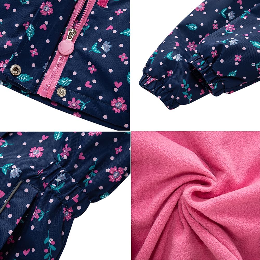 Girls Rain Jacket Kids Hooded Raincoat Windbreaker with Fleece Lining