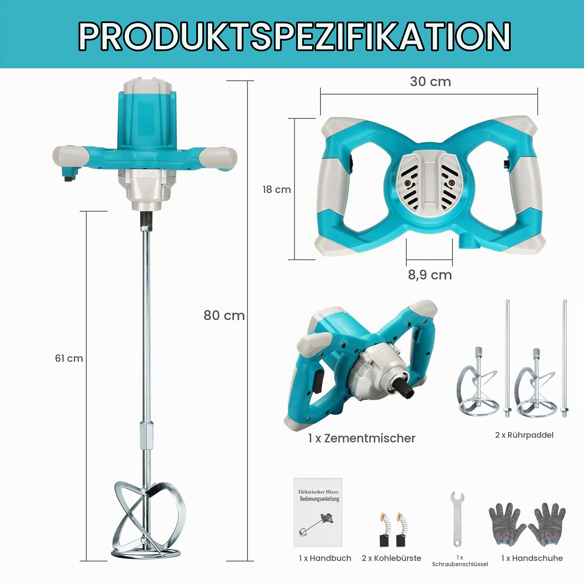 Elektrischer Hand-Zementmischer, 2600 W elektrischer Betonmischer mit 6 Geschwindigkeiten, 220 V Hand-Schlammmischer für Motar, Farbe, Fugenmörtel, Gips, Dünnbettmischer, Futterrührwerkzeug