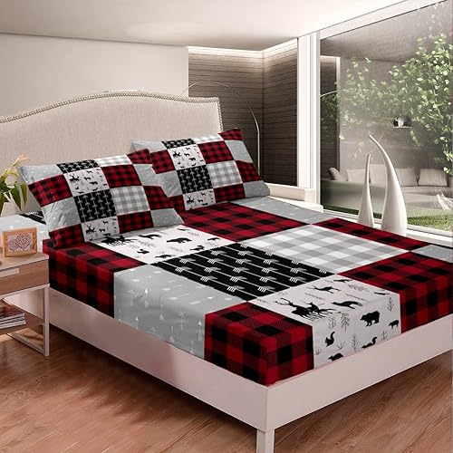 Miniatura 2 de Juego de sábanas de búfalo a cuadros para niños y niñas, juego de sábanas bajeras vintage de alce y ciervo, tamaño individual, sábanas bajeras de
