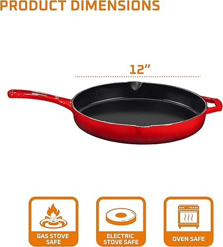 Miniatura 3 de Bruntmor Sartén de hierro fundido pre-sazonado rojo de 12 pulgadas, sartén de hierro fundido segura para horno de 12 pulgadas, juego de sartenes