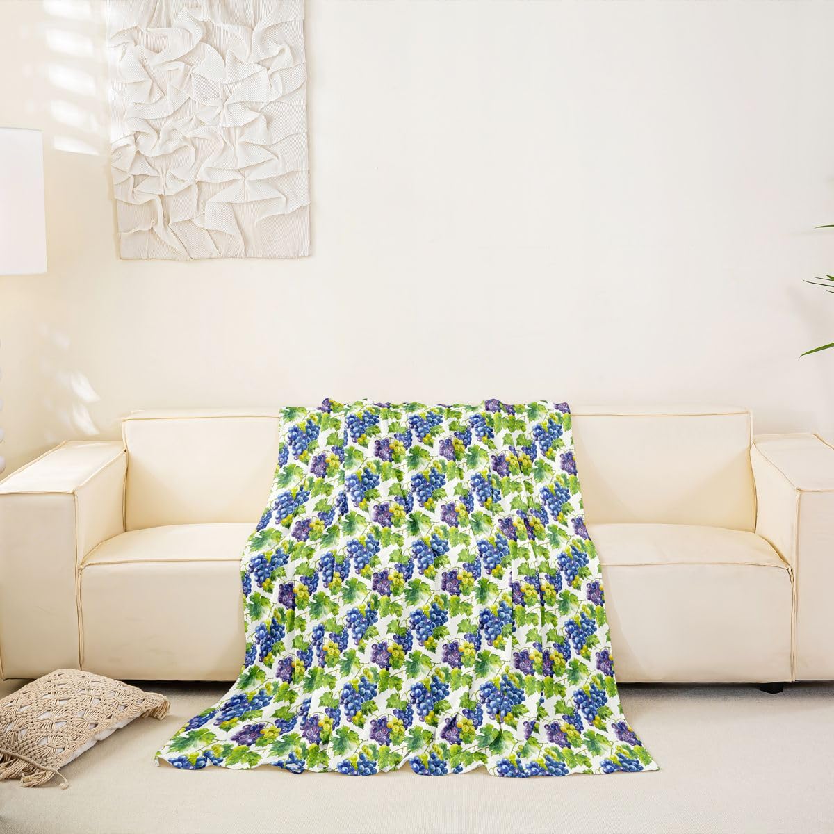 Homewish Blaue Ästhetisch Ernte Weintrauben Sofaüberzug 231x340 | Jungen Mädchen Couch Überwurfdecke Grüne Blätter Sofa Cover für Wohnzimmer Trendig Sofahusse für Hunde Haustiere 3 4 Sitzer
