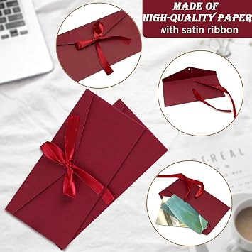 12 Pack Red Envelopess with Ribbon, 20 * 11cm Christmas Money Envelope Gold Envelopes Personalised Money Gift Envelopes for Invitations Greeting, Mother's Day, Thanksgiving, Valentine's Day (Red)