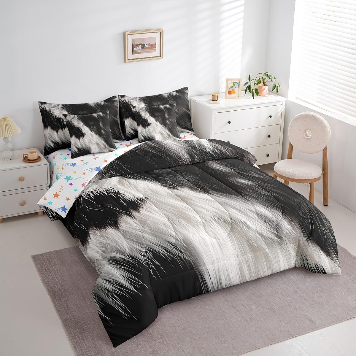 Feelyou Cowhide Pattern Comforter Set with Sheets Full Size 7 piece Cow Fur Printed Bedding Set Farmhouse Western Farm Animal Skin Bed in a Bag Brown White Bed Set, Black Beige