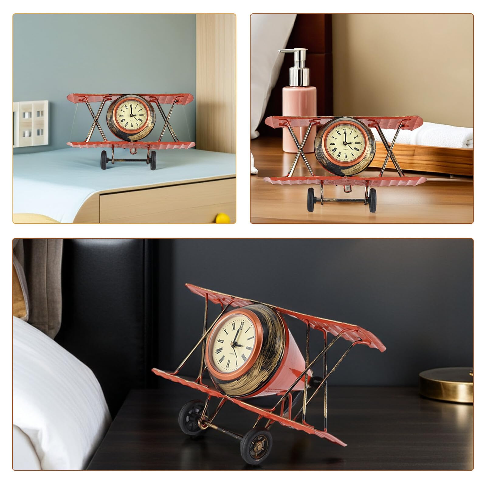 HOMSFOU Reloj De La Sala Reloj De Mesa Biplano Reloj De Mesa De Noche Relojes De Pared De Aviones Mini Reloj De Mesa Modelo De Reloj De Avión Despertador De Avion Manto De Chimenea Metal
