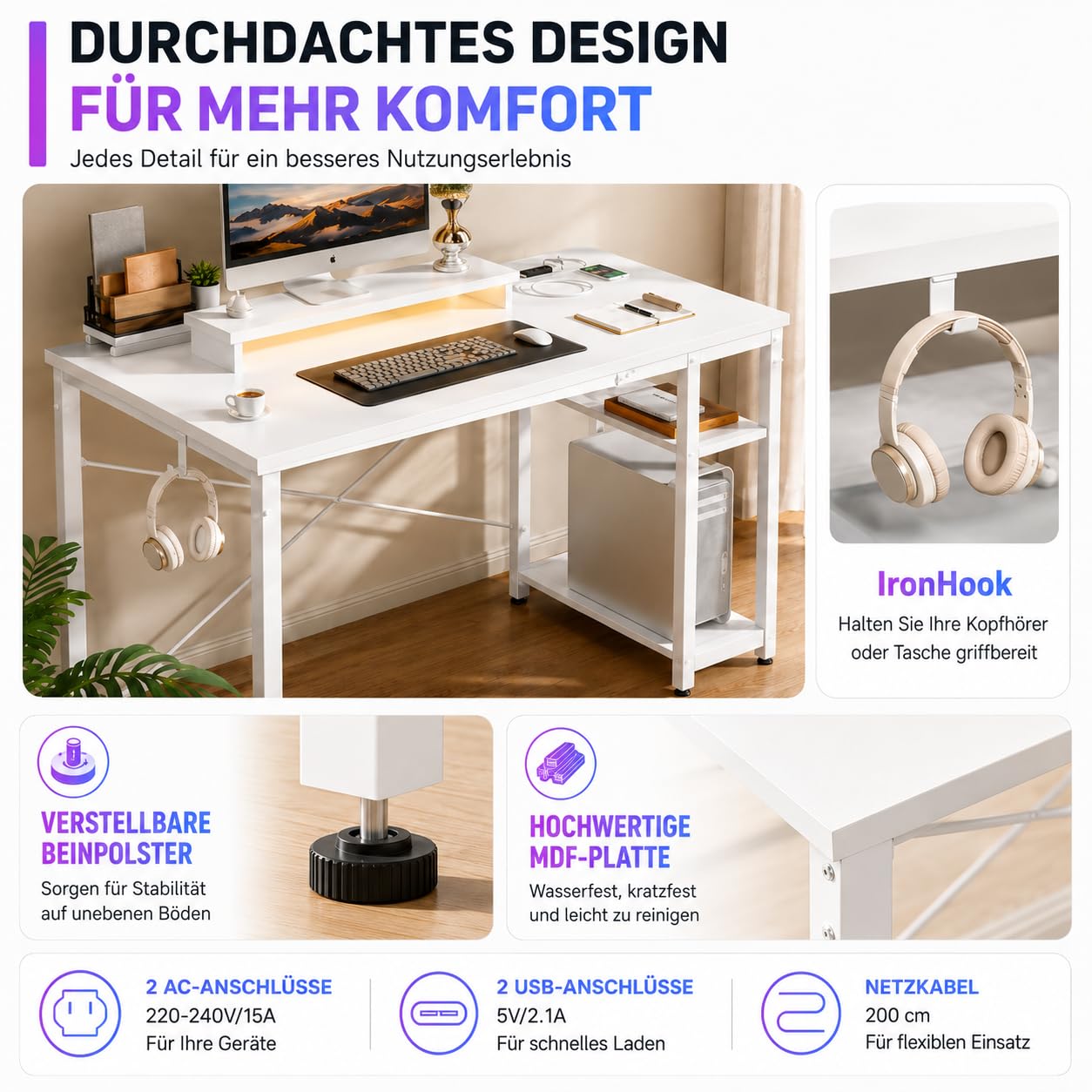 iSunirm Gaming Tisch 100x50cm Weiß mit LED & 2 Steckdosen + 2 USB, Computertisch mit Monitorständer, Wendbarer Kleiner Tisch für Homeoffice & Gaming Room Gaming Schreibtisch