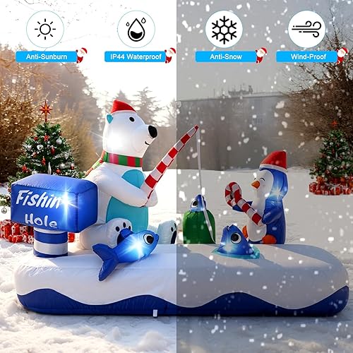 Miniatura 5 de Decoración inflable gigante de Navidad de 7 pies, bonito oso polar para pesca con pingüino, decoración de fiesta de vacaciones, decoración de patio