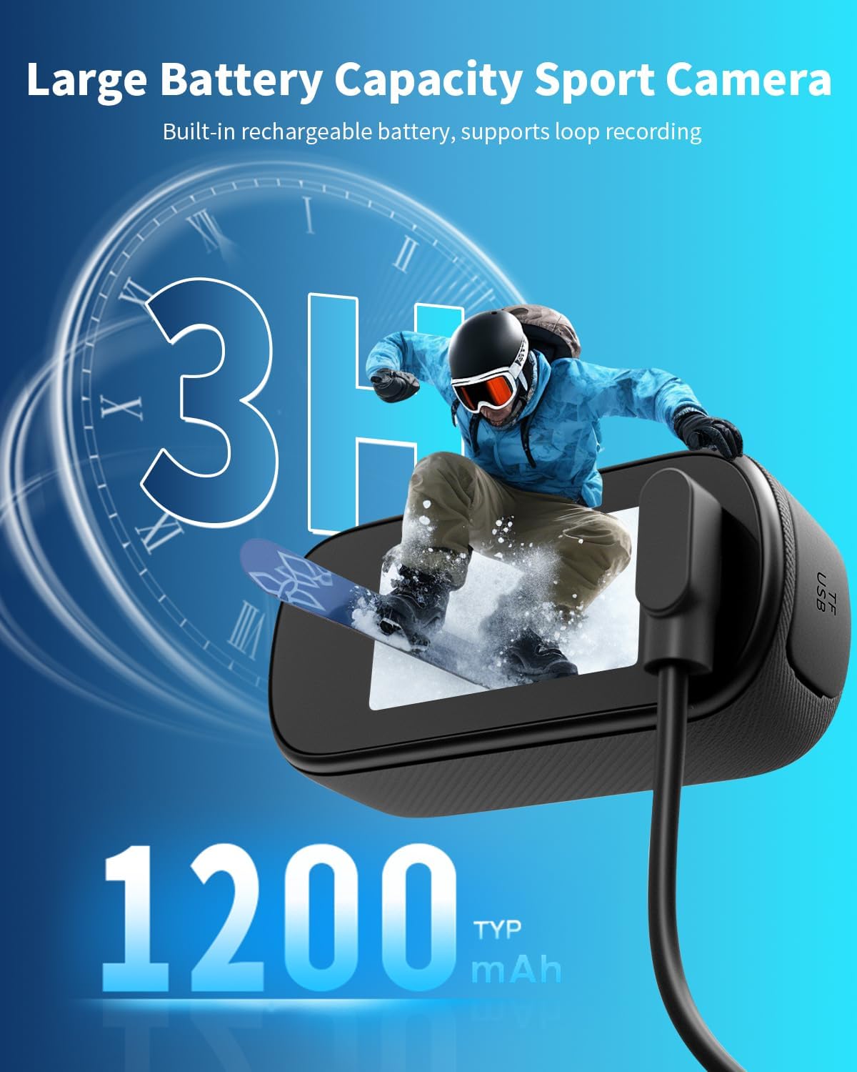 Nisanuki AC11 camera being charged, showing 1200 mAh battery capacity and 3 hours recording time