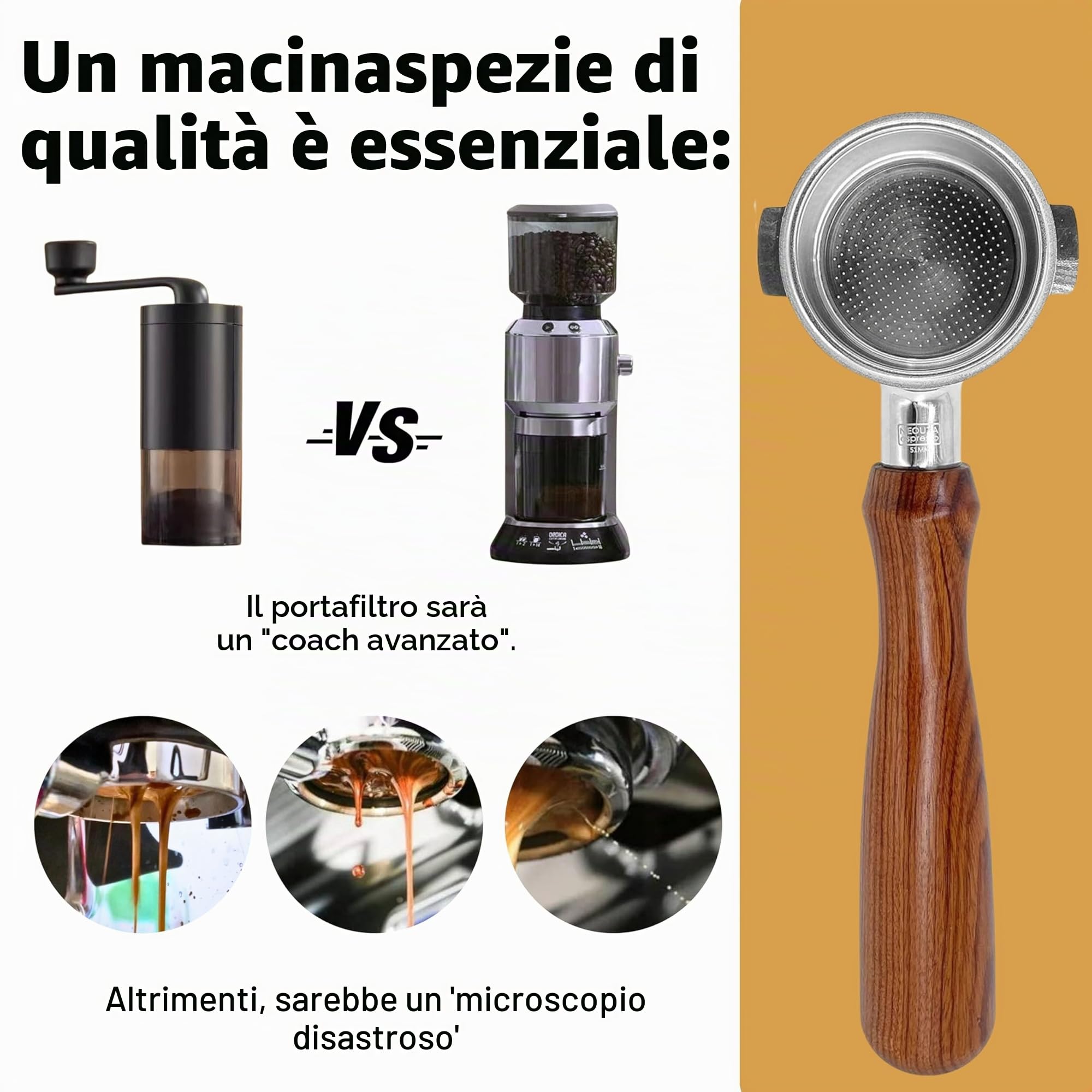 Neouza - Portafiltro per caffè senza fondo, 51mm, compatibile con la macchina per espresso DeLonghi ECOV311, senza supporto, manico in legno per caffè in omaggio(2 orecchie)