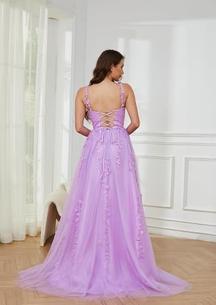 Women's Sparkly Tulle Prom Dress 2026 Long Spaghetti Straps V Neck Lace Applique Quinceanera Dresses Ball Gown
