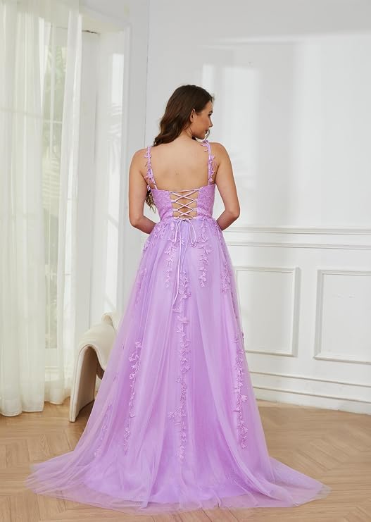 Women's Sparkly Tulle Prom Dress 2026 Long Spaghetti Straps V Neck Lace Applique Quinceanera Dresses Ball Gown