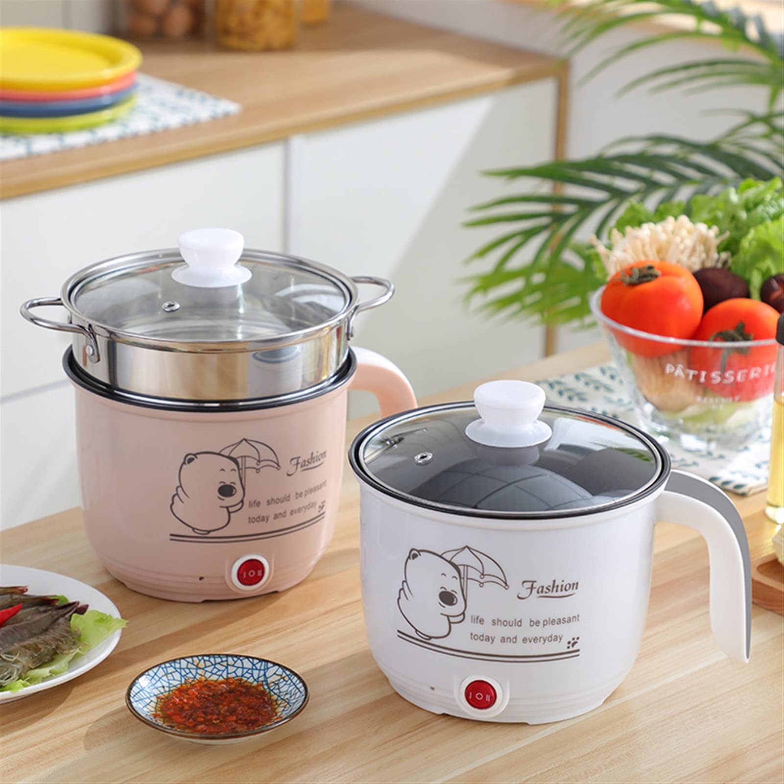 Padella Elettrica, Mini Padella Elettrica Antiaderente con Coperchio, Cuocipasta Rapido da 1,8 L, Fornello Elettrico Multifunzione con Vaporiera, Rosa