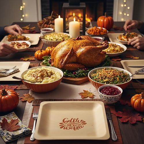 Miniatura 5 de 50 platos desechables de madera de Acción de Gracias de 7 x 7 pulgadas, platos desechables de madera con estampado de Gobble Til You Wobble, platos