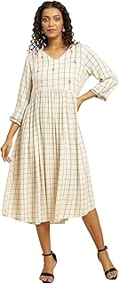 W for Woman Women's Fit and Flare Checker Thread Embroidered Calf Length Dress