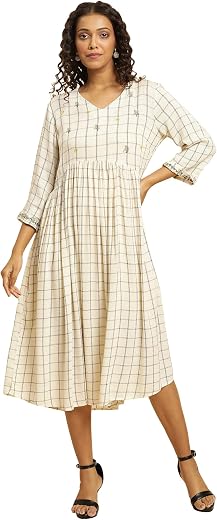 W for Woman Women's Fit and Flare Checker Thread Embroidered Calf Length Dress