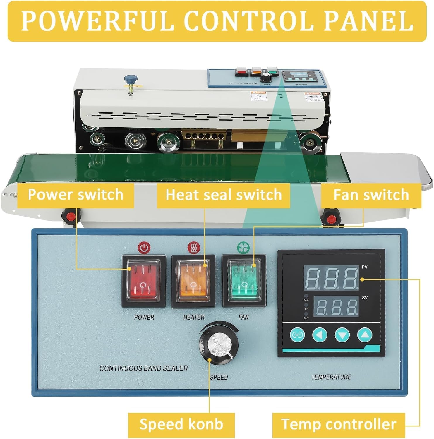 Continuous Sealing Machine FR-900, Horizontal Bag Sealer 110V, Band Sealer Machine with Digital Temperature Control, Bag Sealer Machine for PVC Bags Films, Commercial PP, Aluminum Foil, Plastic Bags