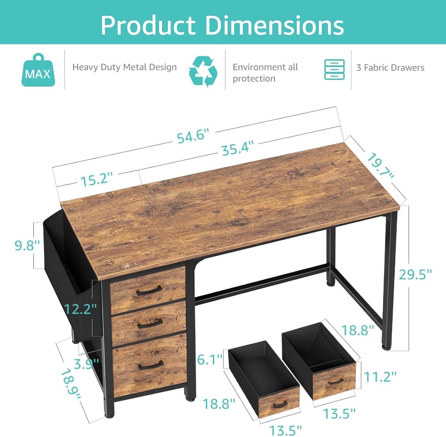 Diagram showing detailed product dimensions of the Lufeiya computer desk.