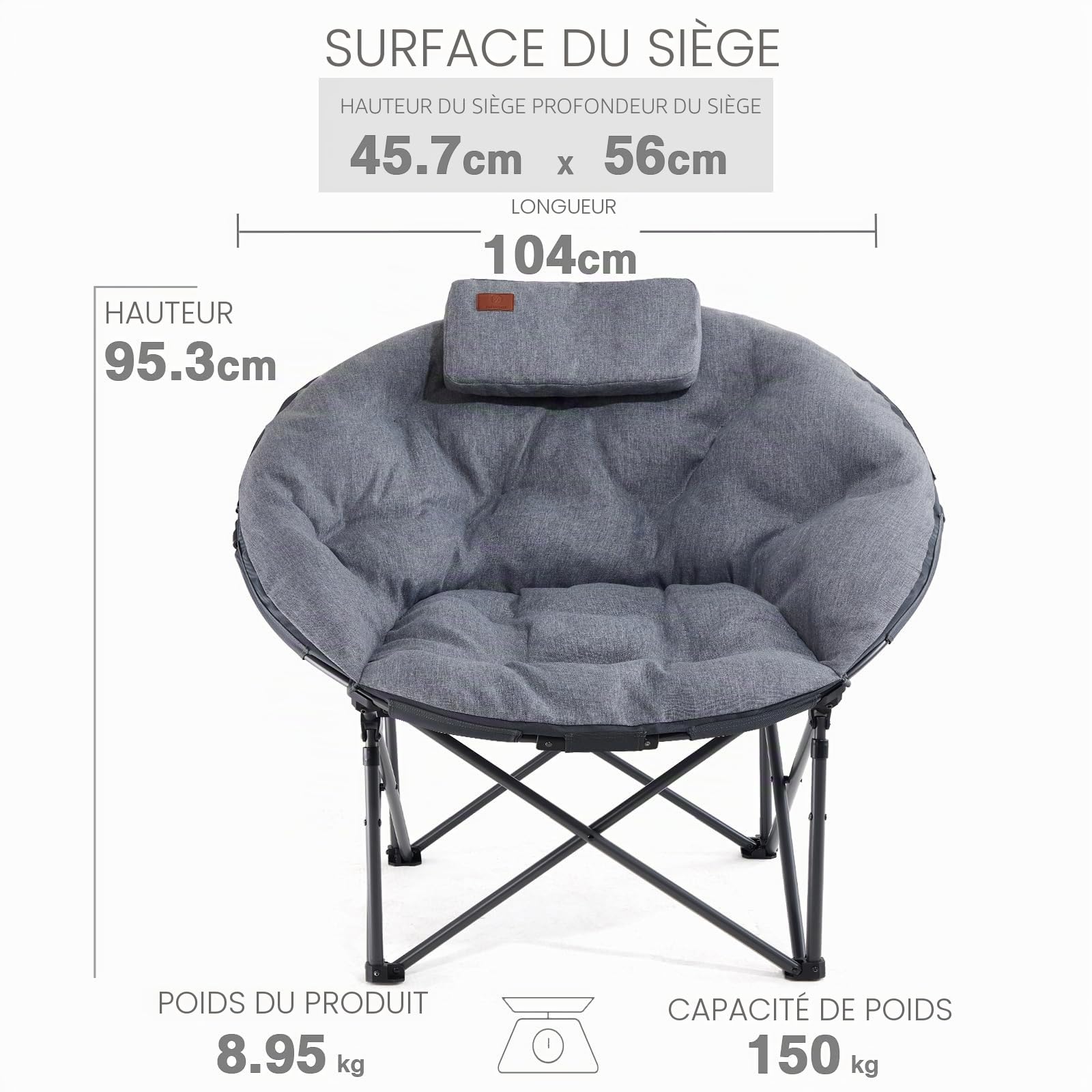 EVER ADVANCED Luxus Moonchair Chaise de Camping XXL Pliable Ronde Charge maximale 150 kg Chaise Pliante épaisse avec Coussin Extra Large pour l'extérieur, Camping, Jardin, Balcon, intérieur Gris