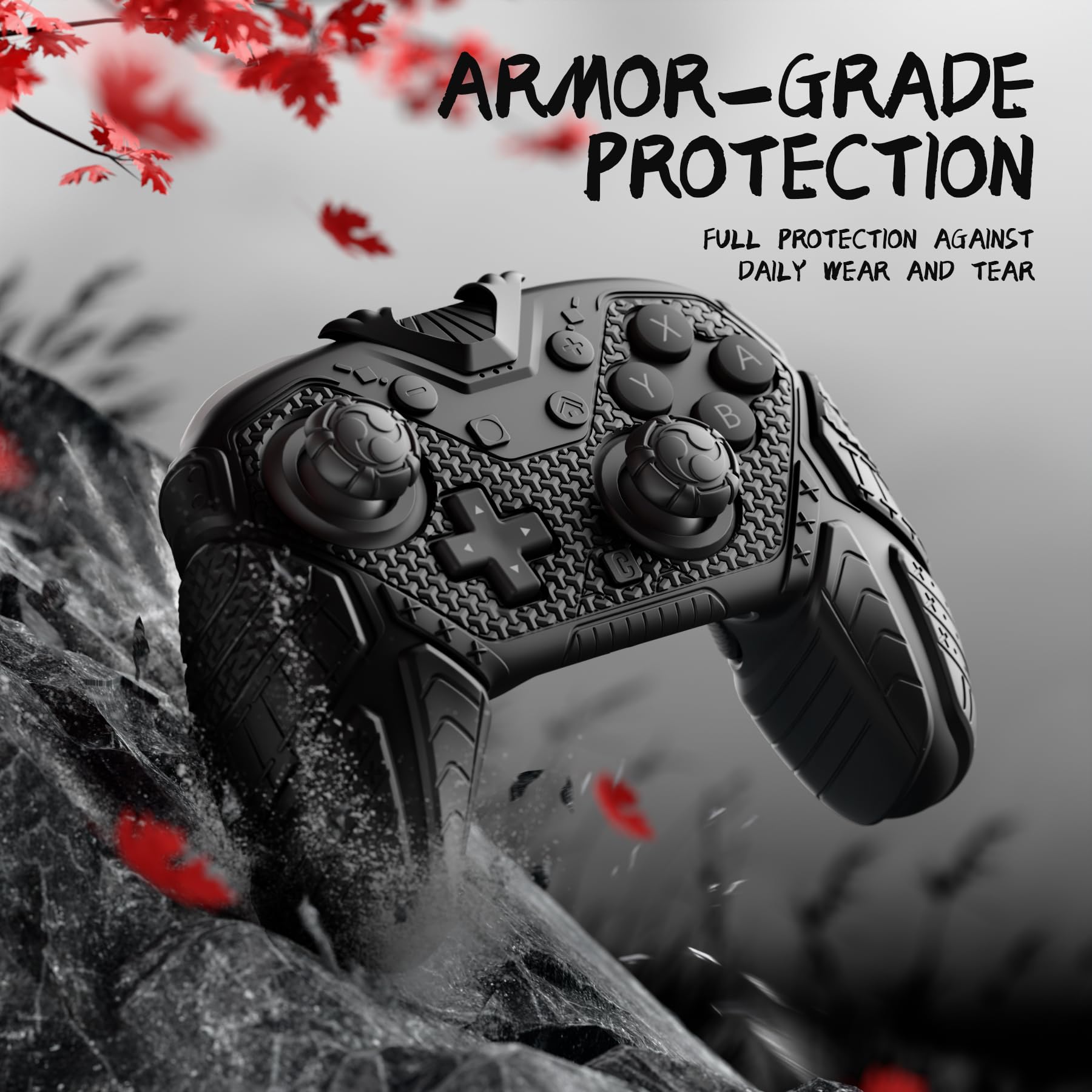 playvital for Nintendo Switch 2 Pro Controller Skin Cover – Samurai Armor Edition Silicone Case for Switch 2 Pro Controller with Back Button Caps & Thumb Grip & Sticker, Shockproof - Black - 5