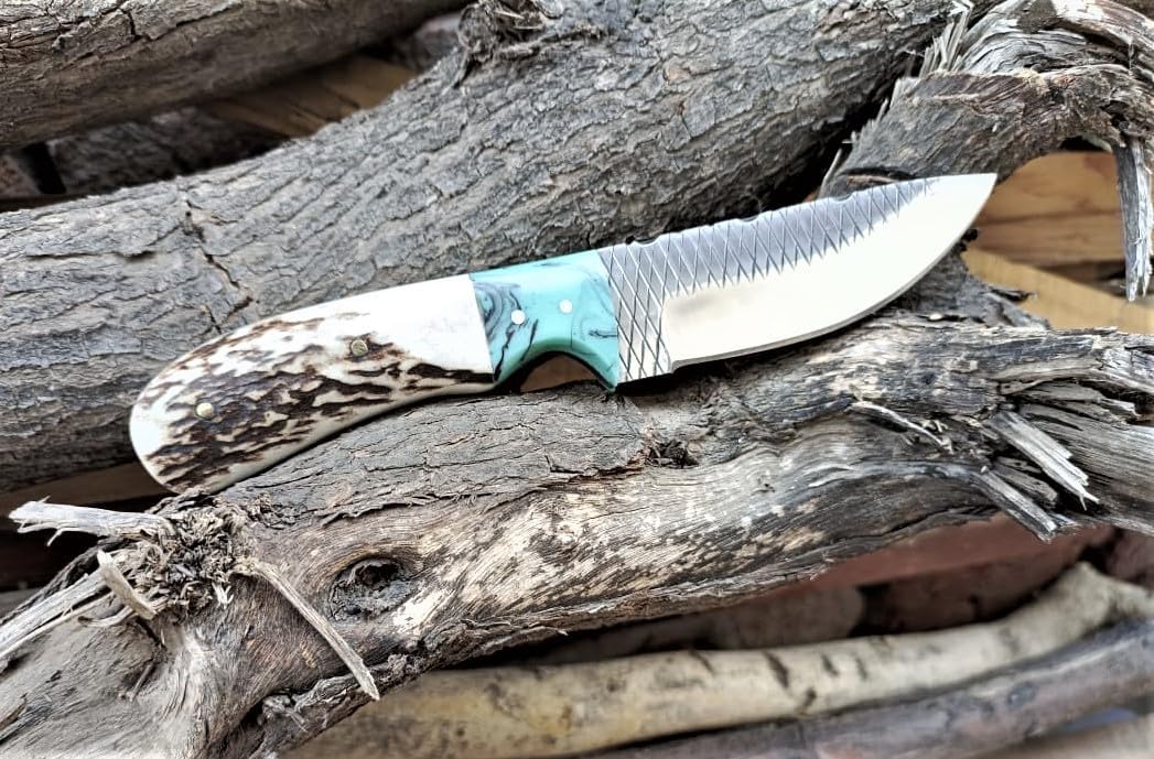 7" Handmade Fixed Blade Cowboy Skinner knife with Leather Sheath, Farrier Rasp Steel Razor Sharp Blade and Stag with resin Handle for Hunting, Bushcrafting, Camping and Hiking.