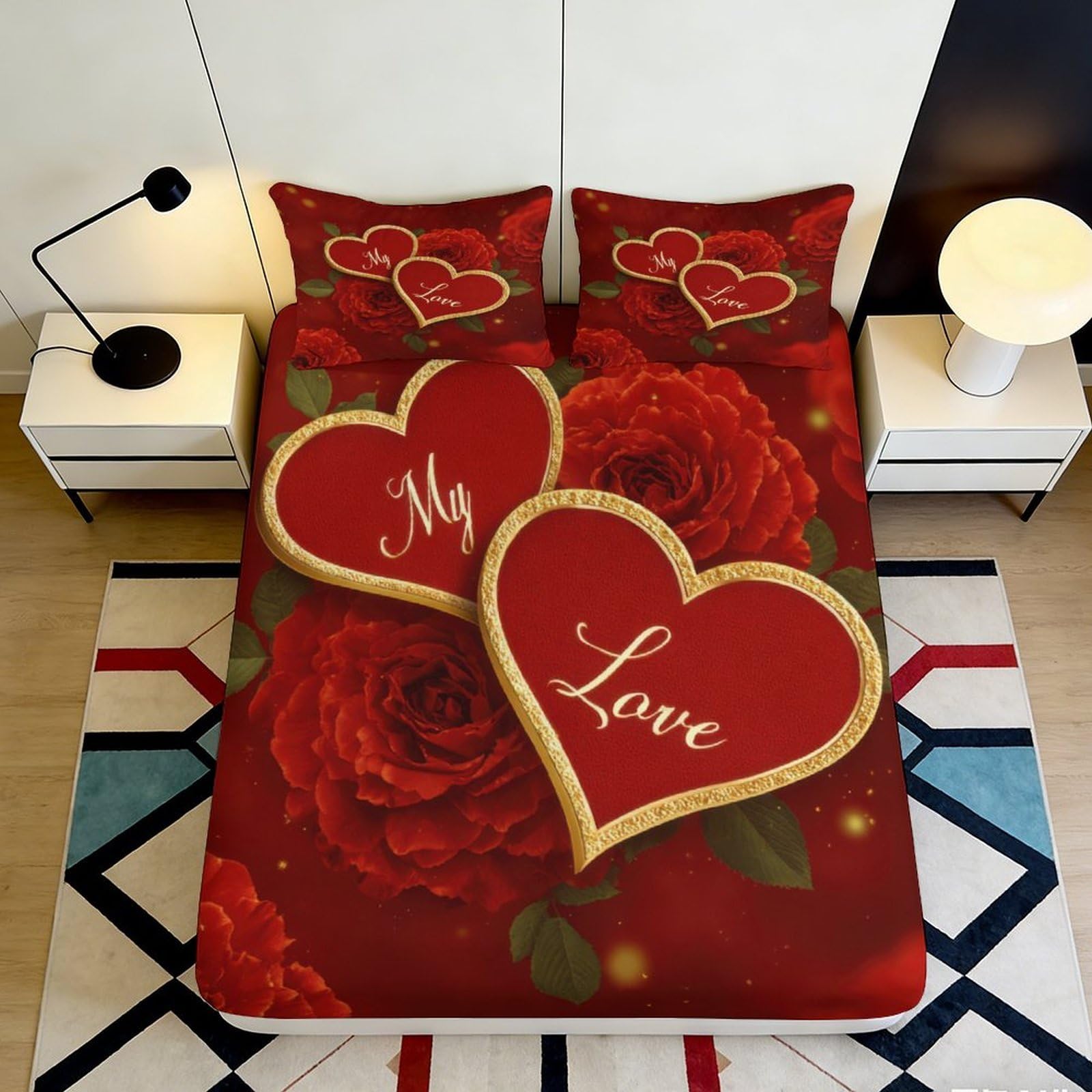 3D Printed Red Romantic Heart Fitted Sheet Microfiber Soft Rose Bed Cover for Bedroom Guest Room Mattress Decor 90x200x25cm