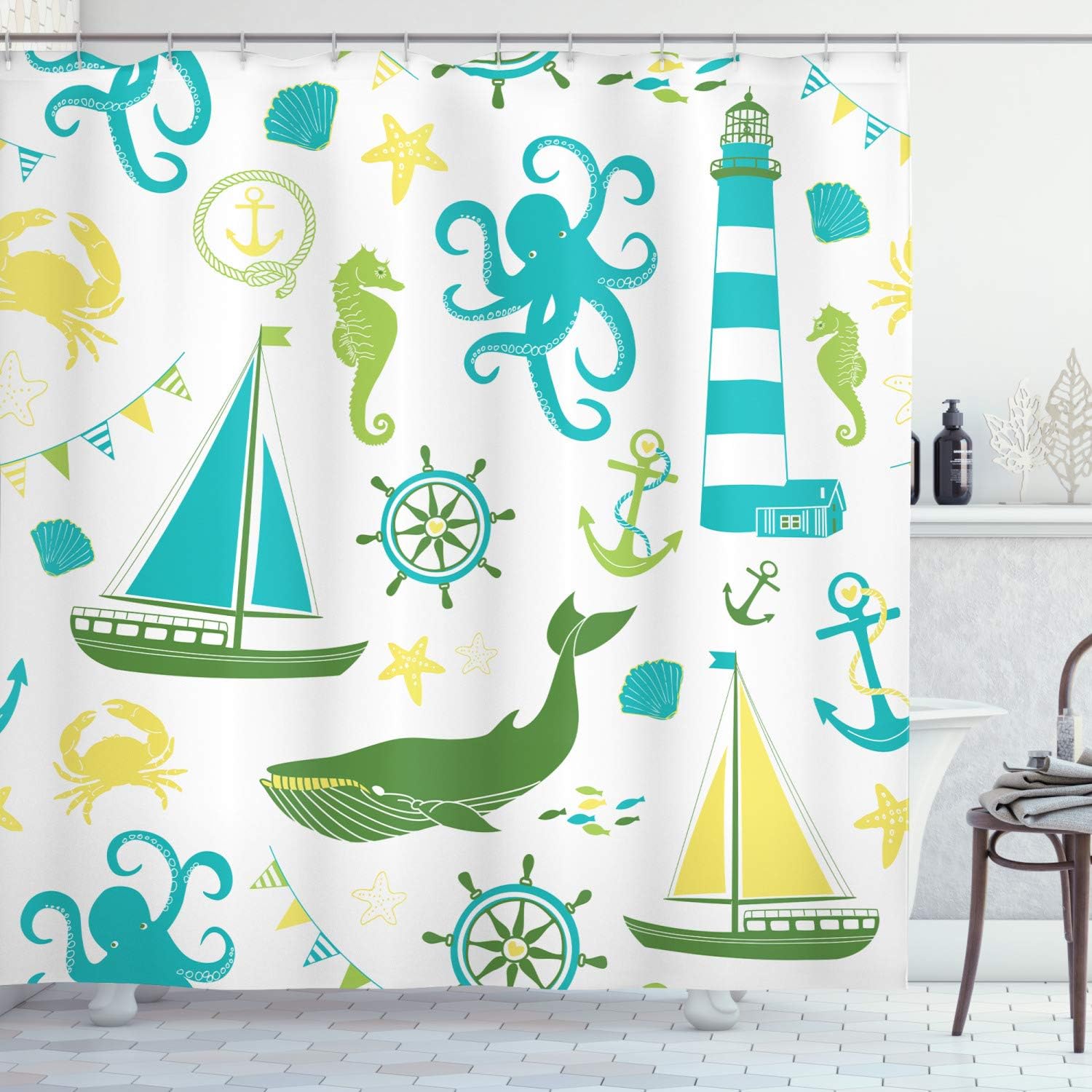 Ambesonne Nautical Shower Curtain, Pastel Colored Composition of Lighthouse Sailboat Fish Shells Octopus, Cloth Fabric Bathroom Decor Set with Hooks, 69" W x 70" L, Blue Green