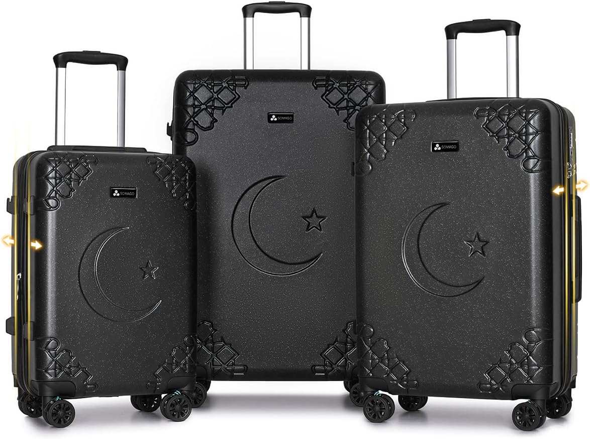 Somago 3 Piece Luggage Set with Cup Holder, Expandable 25% Capacity Suitcase with Shock-Absorbing Braking Spinner Wheels Moon Star Design Hardside Suitcase with TSA Lock (Black,Expandable Sets)