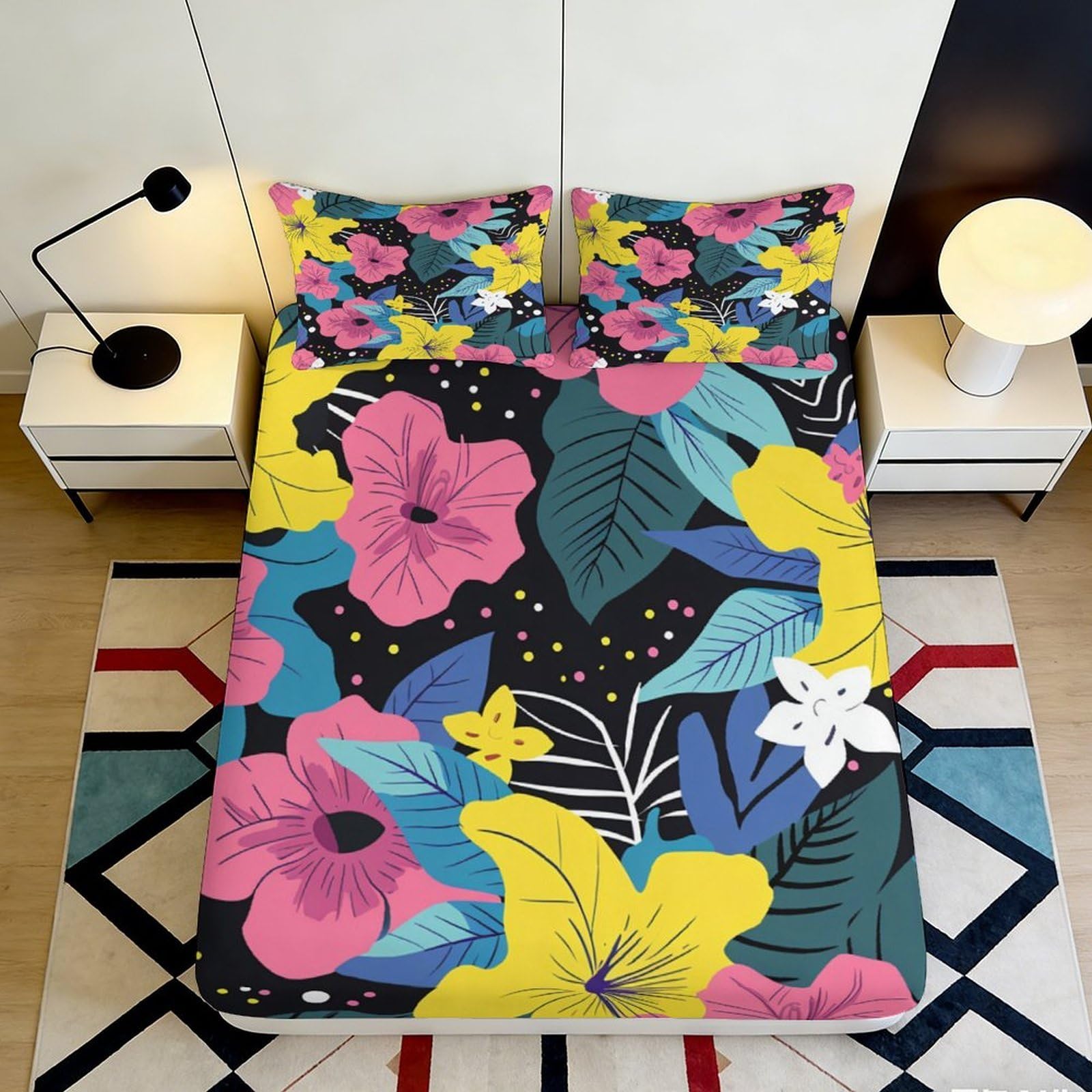 3D Printed Tropical Floral Fitted Sheet Microfiber Soft Breathable Abstract Leaf Bed Sheet for Bedroom Guest Room Decor 90x200x25cm