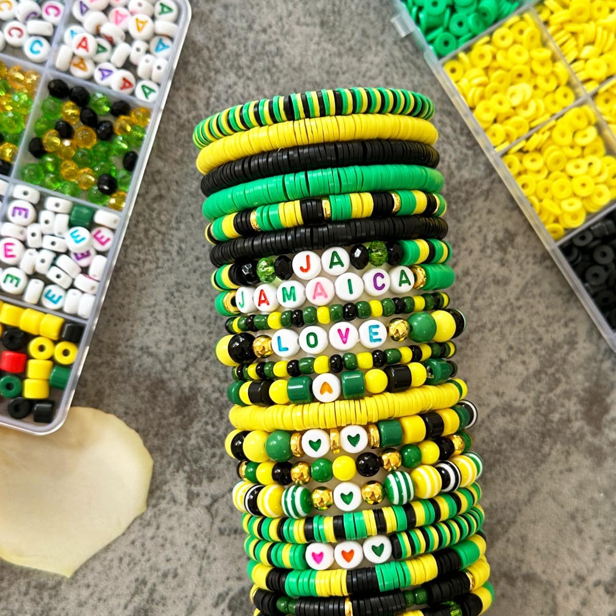 KOOMEKI Jamaica Clay Beads Bracelets Making Kit, I Love Jamaica Art DIY Craft Kit, Beads Jewelry DIY Kit for Celebrate Jamaican Birthday Party Women Gift Goodie Bag Stuff, Set of 2 Boxes