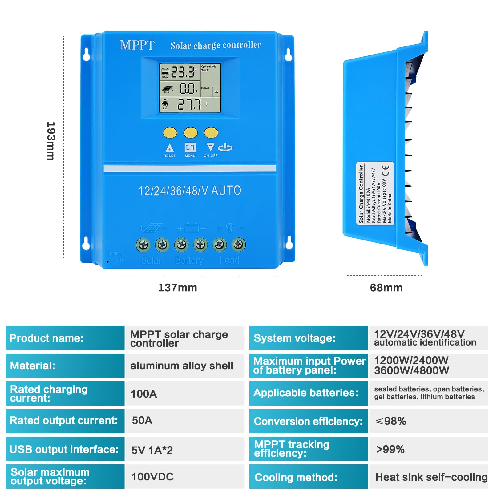 Buyweek MPPT Regulador de Carga Solar 12/24/36/48V Controlador de Carga Solar 12V Inteligente Regulador Solar con dual USB e pantalla LCD, para plomo ácido/litio, Máx 100V