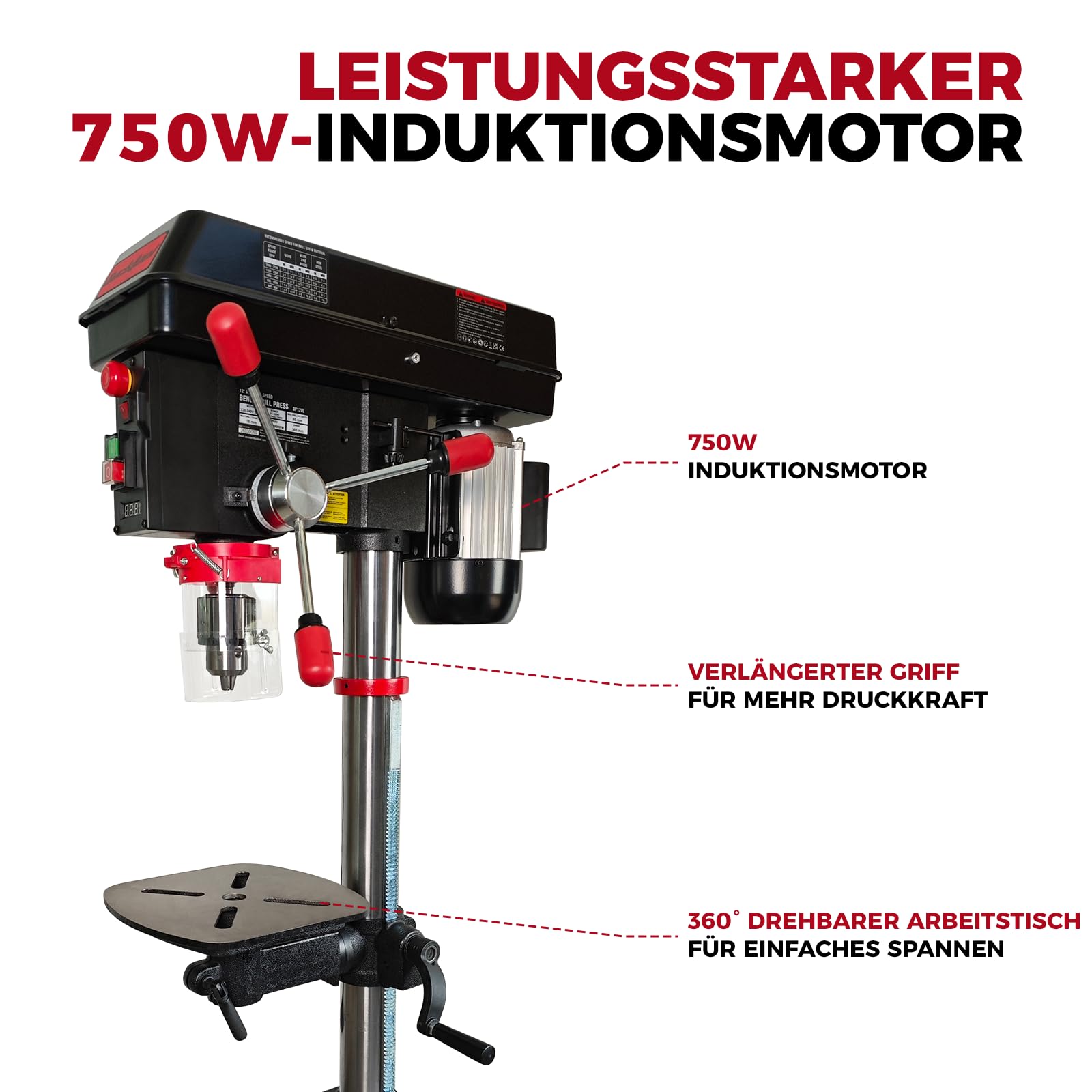 Bucktool 305 mm Tischbohrmaschine, 750 W Induktionsmotor, variable Drehzahl 440–2580 U/min, Säulenbohrmaschine mit Laser, Bohrtiefenanschlag und neigbarem Arbeitstisch für Metall, Holz und Kunststoff