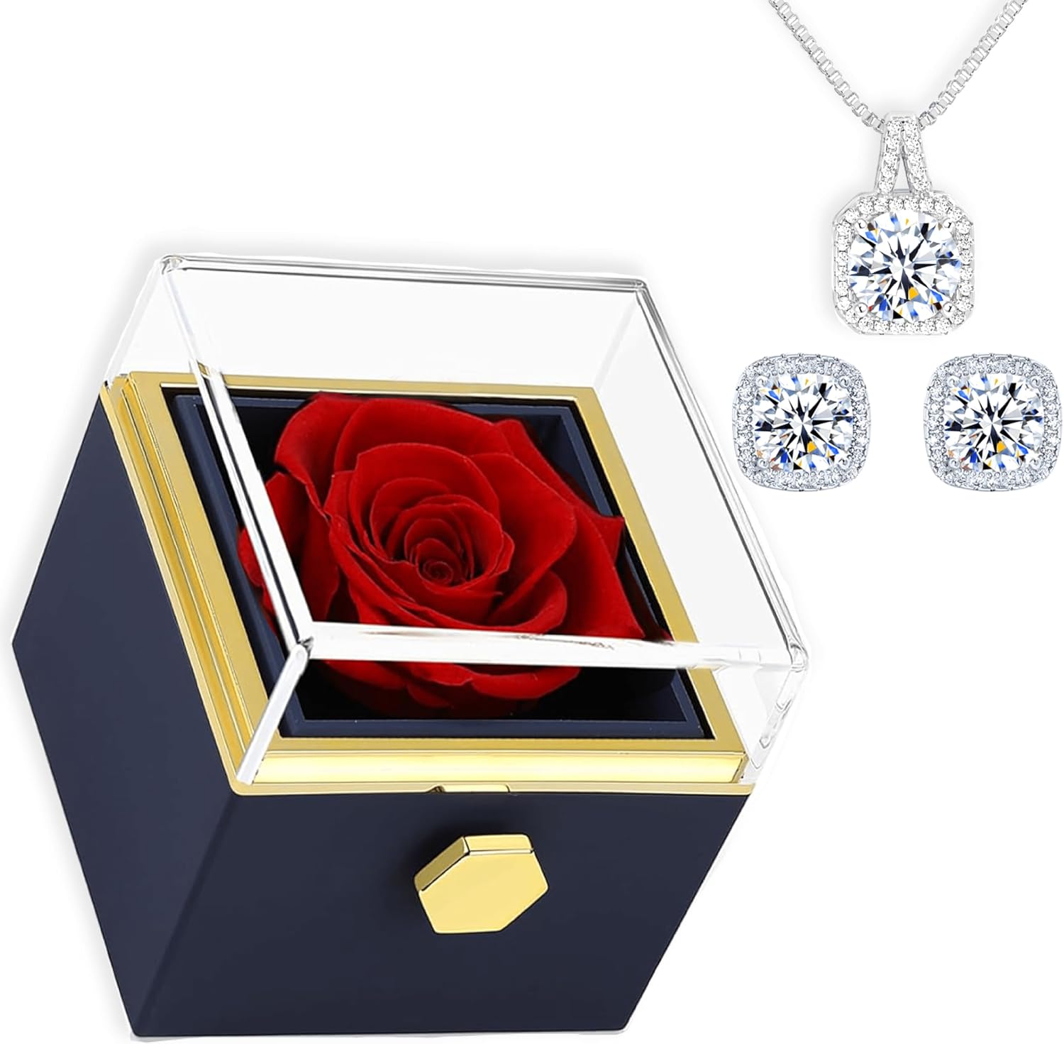 Preserved Real Rose with Love of Diamonds Necklace 925 silver Earrings, Eternal Rose Flowers Gift for Mom Girlfriend Wife Sister on Birthday or Anniversary Xmas Gifts for Women - Unique Forever