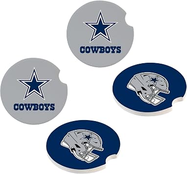 NFL Dallas Cowboys Car Coaster Sets, 4pcs 2-Pack of 2, Absorbent Ceramic Stone Cup Holder Inserts, Removable Drink Mats for Cars, SUVs, and Trucks, Football Auto Accessories