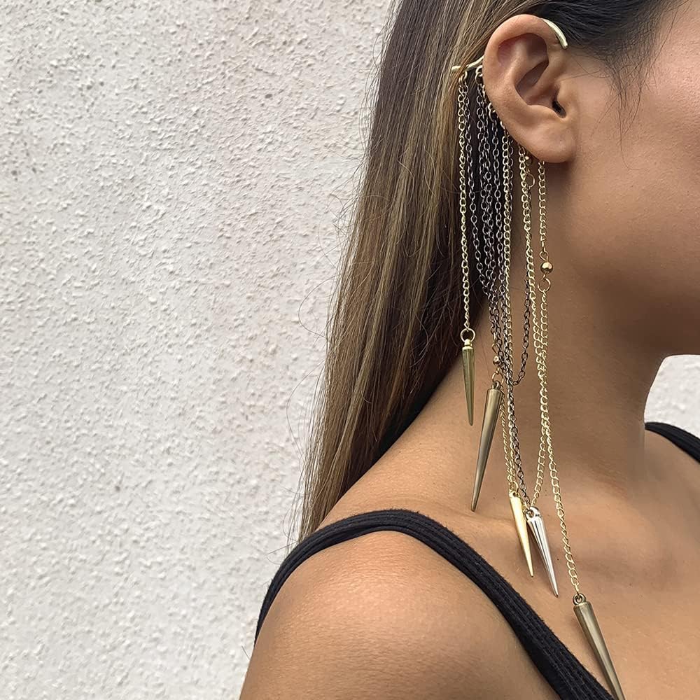 Wiwpar Fashion Long Chain Tassel Earrings Studded Spike Rivet Dangle Earrings Punk Stud Ear Cuffs Earrings for Women (2pcs)
