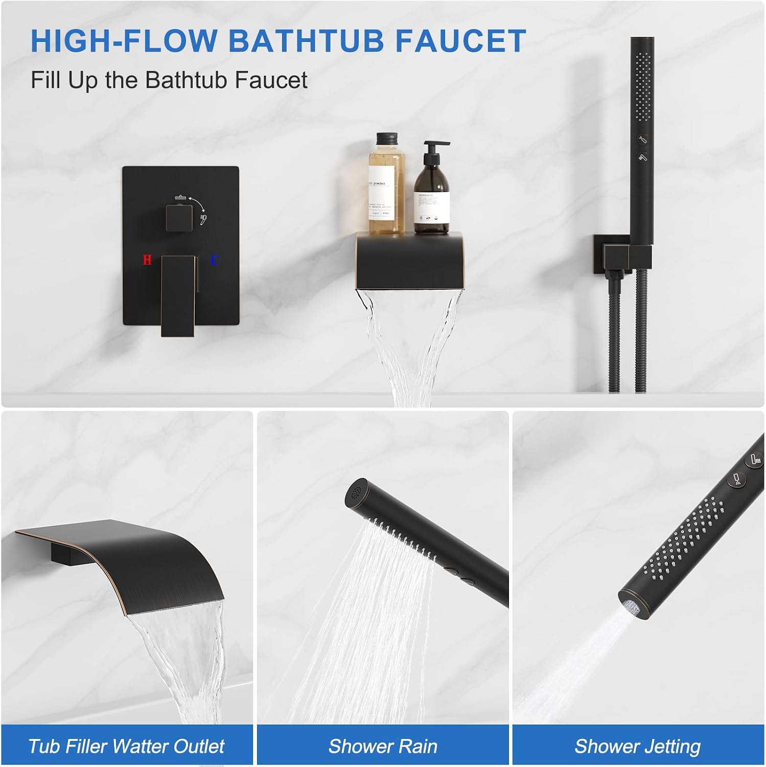 RUMOSE Wall Mount Bathtub Faucet Waterfall Tub Faucet with 2 in 1 Handheld Sprayer Oil Rubbed Bronze Modern Bathroom Tub Filler Solid Brass Single Handle Shower Set with High Flow Rough in Valve