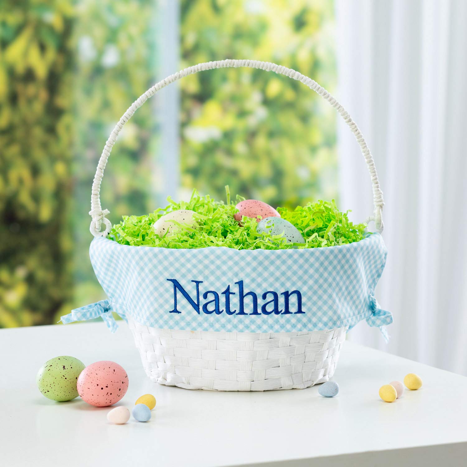 Personalized Easter Egg Basket with Handle and Custom Name | Blue Gingham Easter Basket Liners | White Basket | Woven Easter Baskets for Kids and Adults | Customized Easter Basket | Gift for Easter
