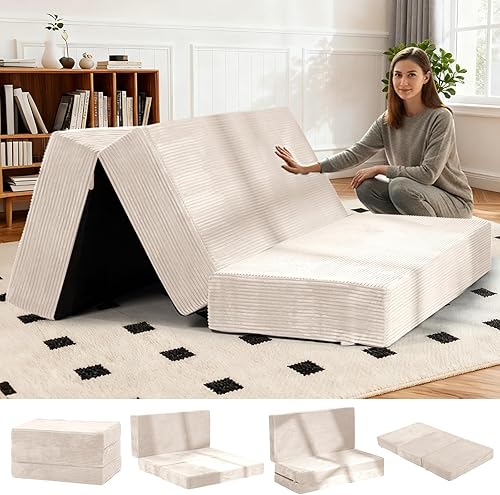 Colchón plegable de tres pliegues de 6 pulgadas, sofá cama plegable con funda extraíble lavable, colchón de futón portátil de tamaño completo,