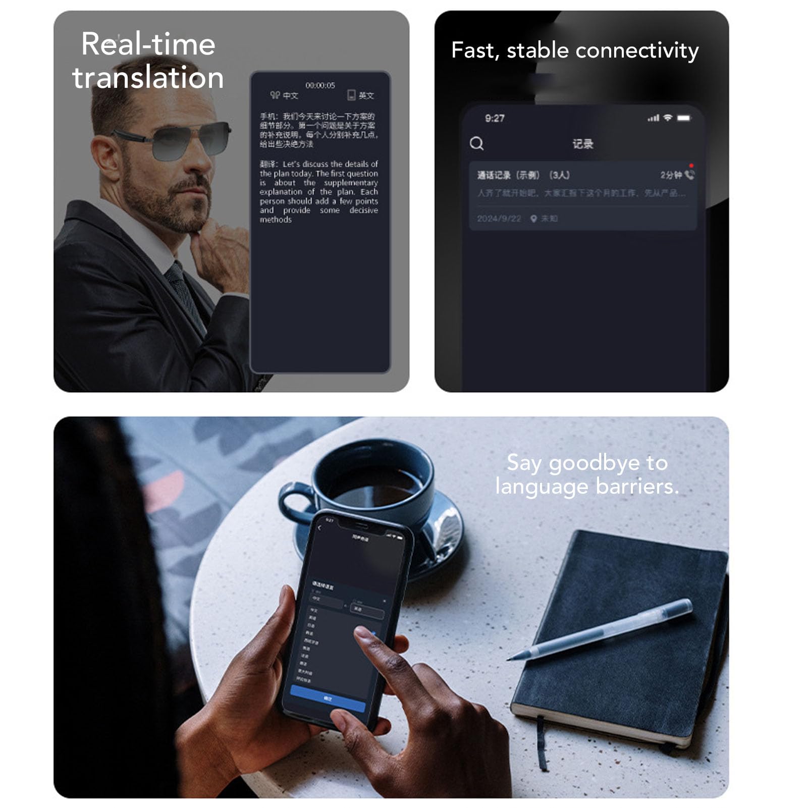 AI Smart Translation Glasses, Multifunctional Unisex Bluetooth 5.4 Glasses, Supports for GPT and DeepSeek, AI Noise Reduction, Transparent Lens, Smart Glasses for Men Women (Gold)