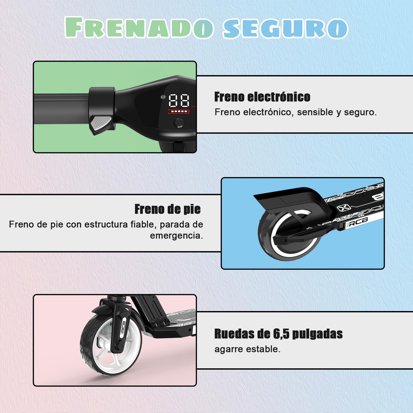 R12 Patinete Electrico para Niño de 6 a 12 años, Scooter Eléctrico Niños de 6,5" con Luces LED y 3 velocidades, Máxi 15 km/h, Autonomía Máxi 10km, Carga Máxi 50 kg, Luces Coloridas