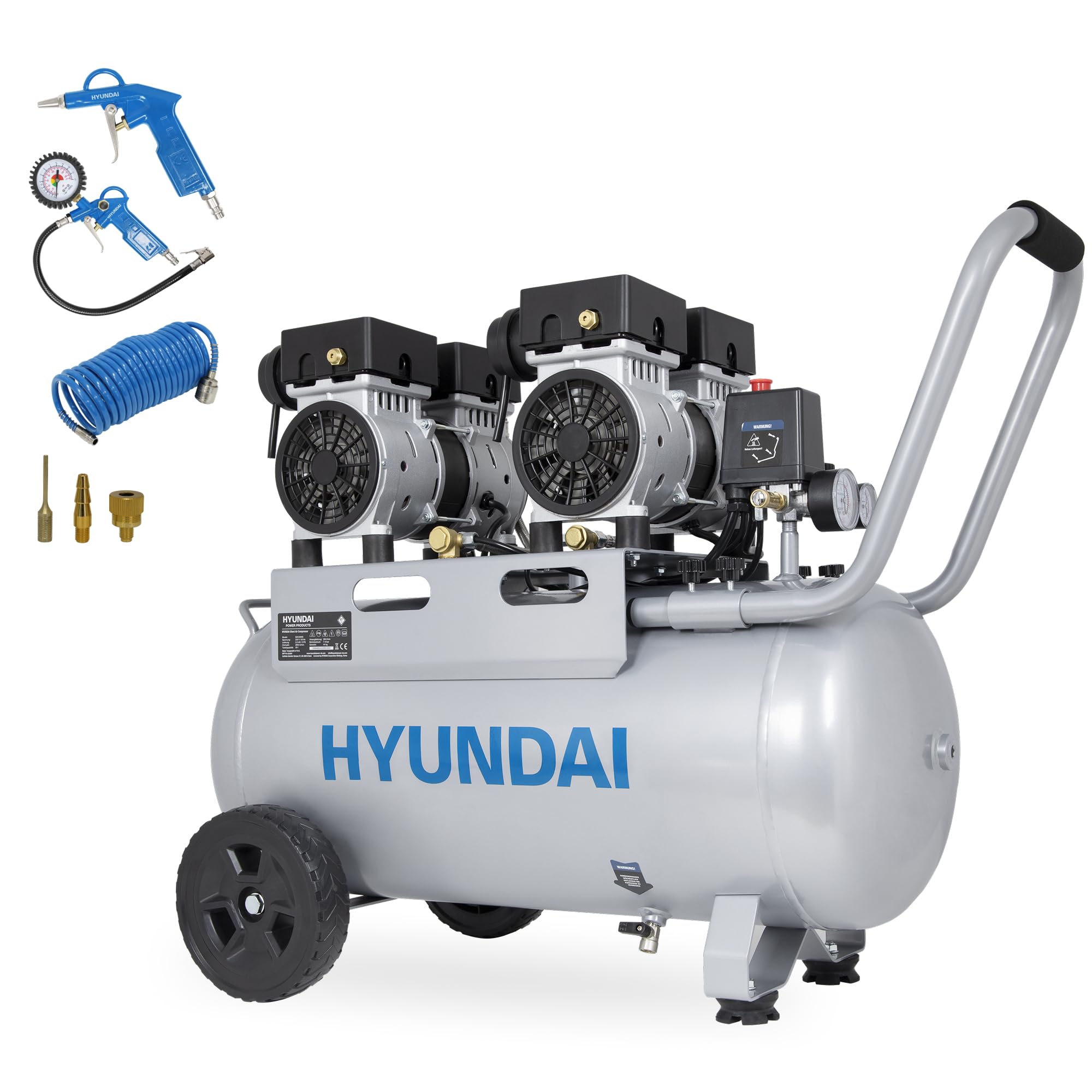 HYUNDAI Silent Kompressor SAC22050 | 50L Kessel | 2.2kW (3PS), 9bar | 384 L/Min Ansaugleistung | Luftkompressor leise, ölfrei | 1 Anschluss | geräuscharmer Flüsterkompressor | mit Zubehör