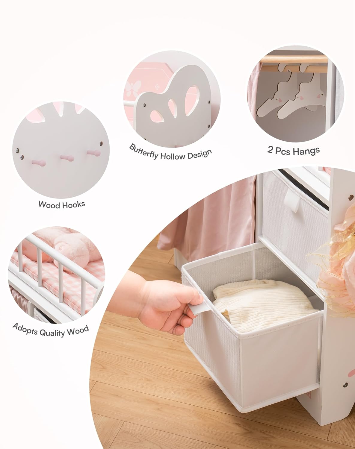 ROBOTIME Baby Doll Crib and High Chair Set, Wooden Doll Furniture with Storage, Bedding, Feeding Tray and Safety Belt, Fits Dolls up to 21", Perfect Pretend Play Gift for Girls Ages 3+ (Pink/White)